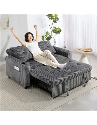 HOMCOM 2 Seater Click Clack Sofa Bed with Pull Out Design, Corduroy Upholstery - Charcoal Grey