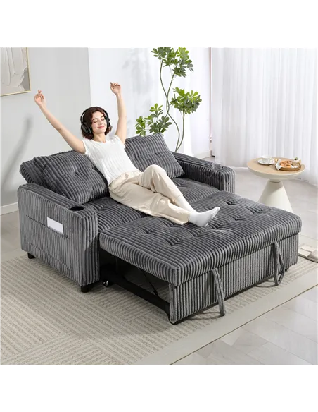 HOMCOM 2 Seater Click Clack Sofa Bed with Pull Out Design, Corduroy Upholstery - Charcoal Grey