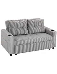HOMCOM 2 Seater Click Clack Sofa Bed with Pull Out Design, Corduroy Upholstery - Light Grey