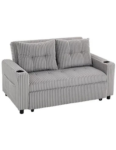 HOMCOM 2 Seater Click Clack Sofa Bed with Pull Out Design, Corduroy Upholstery - Light Grey