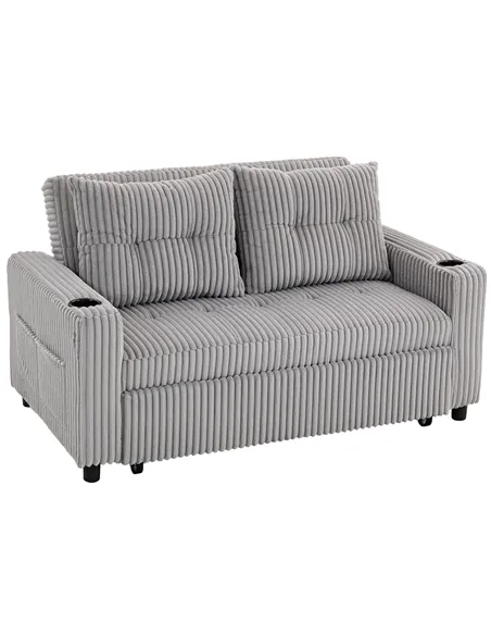 HOMCOM 2 Seater Click Clack Sofa Bed with Pull Out Design, Corduroy Upholstery - Light Grey