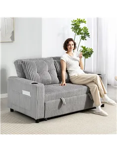 HOMCOM 2 Seater Click Clack Sofa Bed with Pull Out Design, Corduroy Upholstery - Light Grey 2