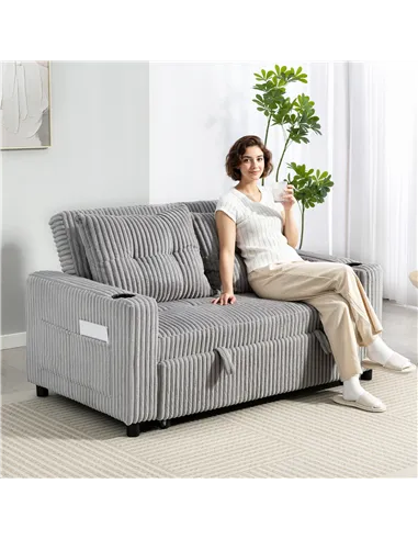 HOMCOM 2 Seater Click Clack Sofa Bed with Pull Out Design, Corduroy Upholstery - Light Grey