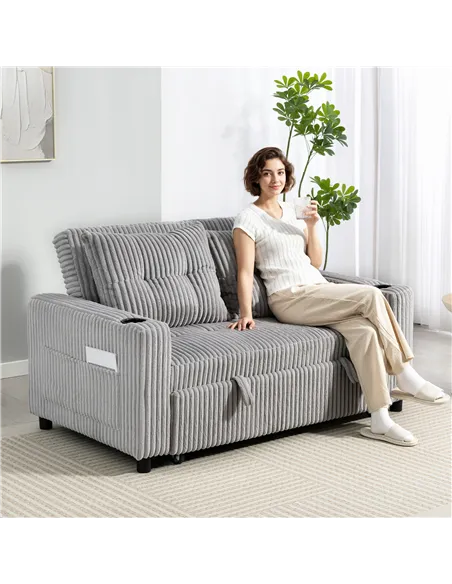 HOMCOM 2 Seater Click Clack Sofa Bed with Pull Out Design, Corduroy Upholstery - Light Grey