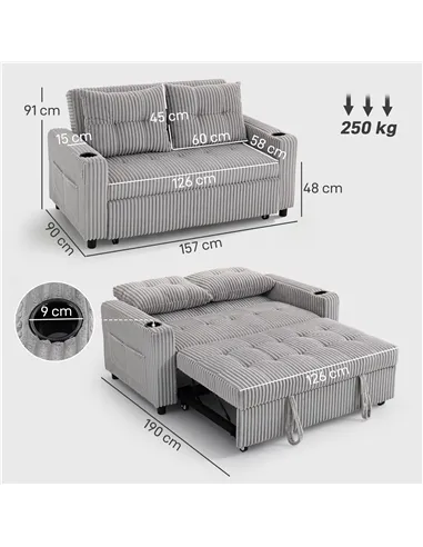 HOMCOM 2 Seater Click Clack Sofa Bed with Pull Out Design, Corduroy Upholstery - Light Grey