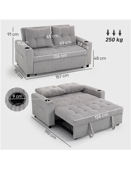 HOMCOM 2 Seater Click Clack Sofa Bed with Pull Out Design, Corduroy Upholstery - Light Grey