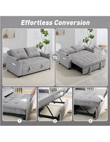HOMCOM 2 Seater Click Clack Sofa Bed with Pull Out Design, Corduroy Upholstery - Light Grey