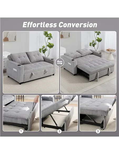 HOMCOM 2 Seater Click Clack Sofa Bed with Pull Out Design, Corduroy Upholstery - Light Grey