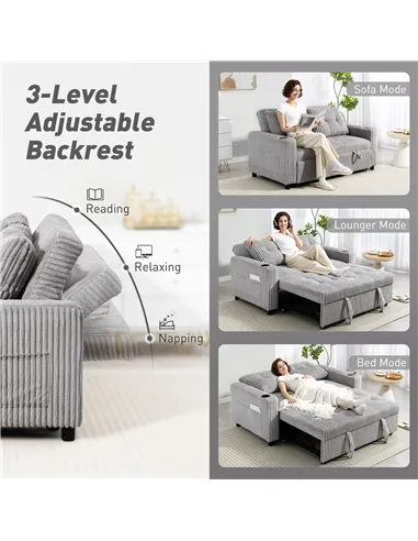 HOMCOM 2 Seater Click Clack Sofa Bed with Pull Out Design, Corduroy Upholstery - Light Grey