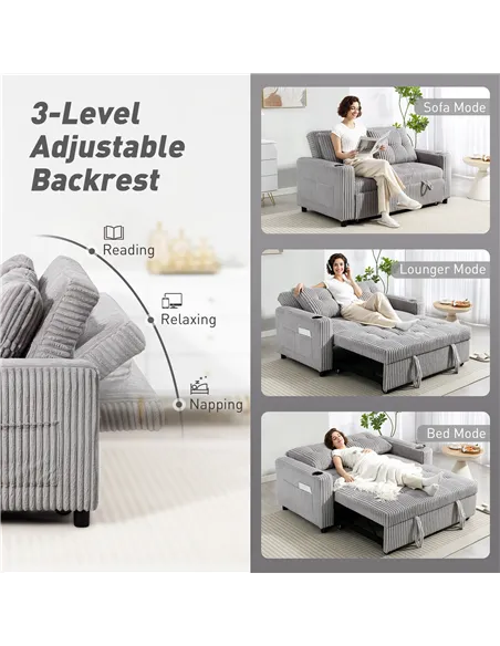 HOMCOM 2 Seater Click Clack Sofa Bed with Pull Out Design, Corduroy Upholstery - Light Grey