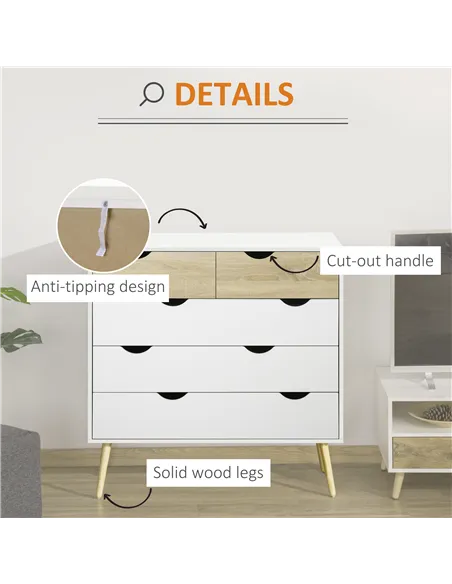 HOMCOM Nordic Style Chest of Drawers, 5 Drawer Dresser with 4 Tapered Legs and Groove Handles, Storage Organiser Side Cabinet fo