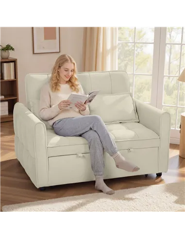 HOMCOM 2 Seater Sofa Bed, 3-in-1 Convertible Sleeper Sofa with Click-clack Adjustable Backrest and 2 Pillows, Light Brown