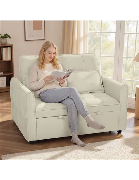 HOMCOM 2 Seater Sofa Bed, 3-in-1 Convertible Sleeper Sofa with Click-clack Adjustable Backrest and 2 Pillows, Light Brown