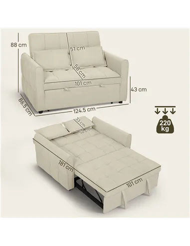 HOMCOM 2 Seater Sofa Bed, 3-in-1 Convertible Sleeper Sofa with Click-clack Adjustable Backrest and 2 Pillows, Light Brown