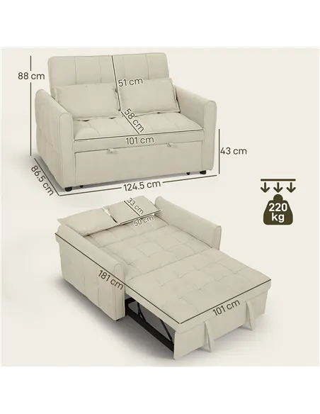 HOMCOM 2 Seater Sofa Bed, 3-in-1 Convertible Sleeper Sofa with Click-clack Adjustable Backrest and 2 Pillows, Light Brown