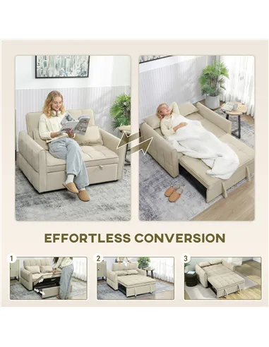 HOMCOM 2 Seater Sofa Bed, 3-in-1 Convertible Sleeper Sofa with Click-clack Adjustable Backrest and 2 Pillows, Light Brown