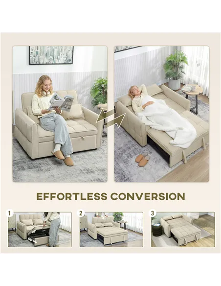 HOMCOM 2 Seater Sofa Bed, 3-in-1 Convertible Sleeper Sofa with Click-clack Adjustable Backrest and 2 Pillows, Light Brown