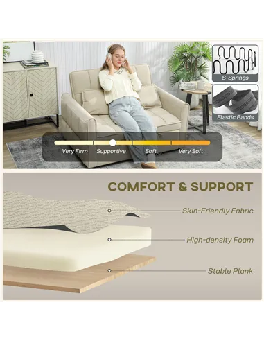 HOMCOM 2 Seater Sofa Bed, 3-in-1 Convertible Sleeper Sofa with Click-clack Adjustable Backrest and 2 Pillows, Light Brown