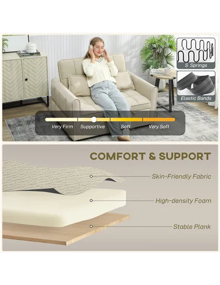 HOMCOM 2 Seater Sofa Bed, 3-in-1 Convertible Sleeper Sofa with Click-clack Adjustable Backrest and 2 Pillows, Light Brown