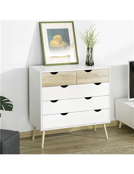 HOMCOM Nordic Style Chest of Drawers, 5 Drawer Dresser with 4 Tapered Legs and Groove Handles, Storage Organiser Side Cabinet fo