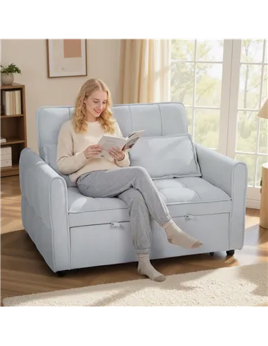 HOMCOM 2 Seater Sofa Bed, 3-in-1 Convertible Sleeper Sofa with Click-clack Adjustable Backrest and 2 Pillows, Light Grey