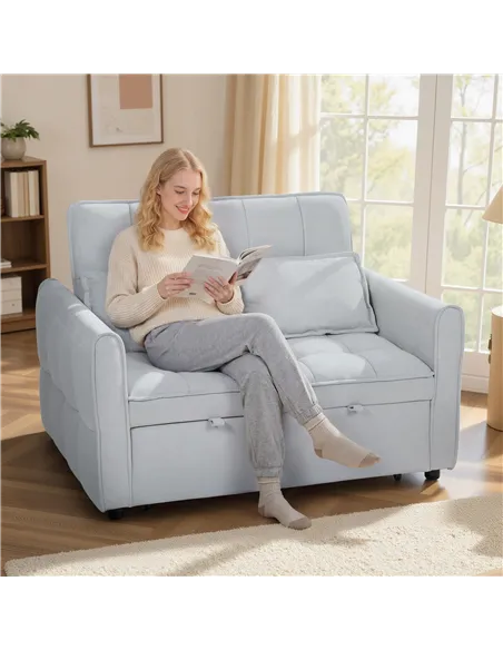 HOMCOM 2 Seater Sofa Bed, 3-in-1 Convertible Sleeper Sofa with Click-clack Adjustable Backrest and 2 Pillows, Light Grey