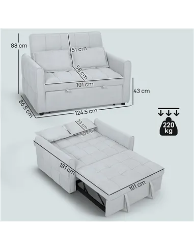 HOMCOM 2 Seater Sofa Bed, 3-in-1 Convertible Sleeper Sofa with Click-clack Adjustable Backrest and 2 Pillows, Light Grey