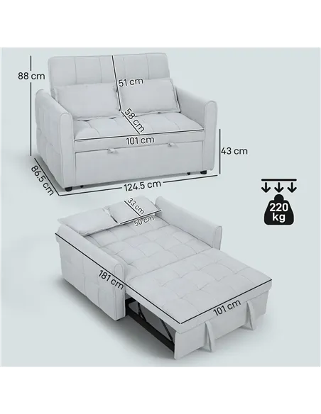 HOMCOM 2 Seater Sofa Bed, 3-in-1 Convertible Sleeper Sofa with Click-clack Adjustable Backrest and 2 Pillows, Light Grey