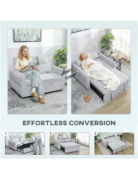 HOMCOM 2 Seater Sofa Bed, 3-in-1 Convertible Sleeper Sofa with Click-clack Adjustable Backrest and 2 Pillows, Light Grey