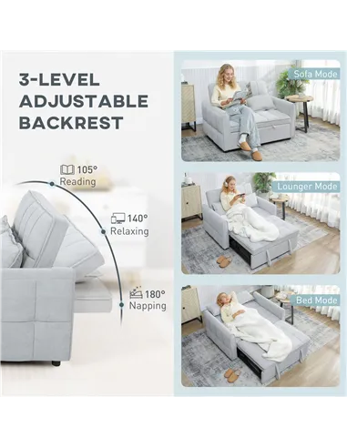 HOMCOM 2 Seater Sofa Bed, 3-in-1 Convertible Sleeper Sofa with Click-clack Adjustable Backrest and 2 Pillows, Light Grey