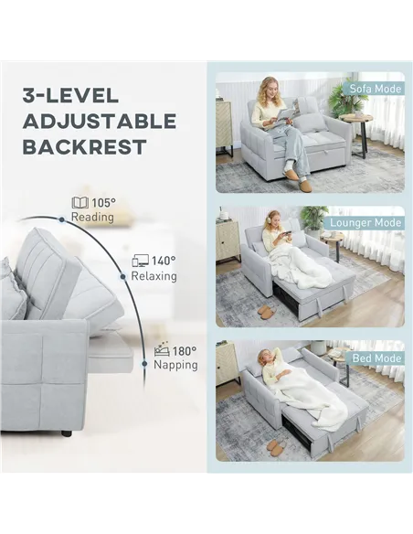 HOMCOM 2 Seater Sofa Bed, 3-in-1 Convertible Sleeper Sofa with Click-clack Adjustable Backrest and 2 Pillows, Light Grey