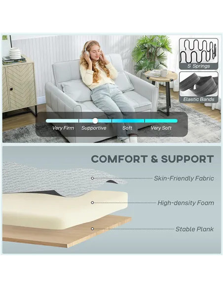 HOMCOM 2 Seater Sofa Bed, 3-in-1 Convertible Sleeper Sofa with Click-clack Adjustable Backrest and 2 Pillows, Light Grey