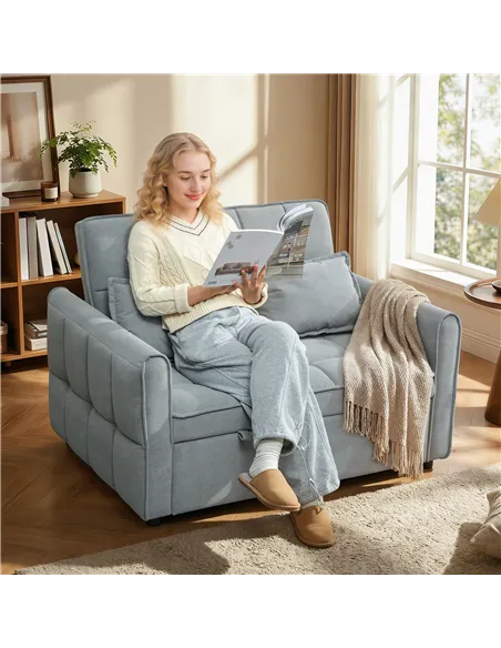 HOMCOM 2 Seater Sofa Bed, 3-in-1 Convertible Sleeper Sofa with Click-clack Adjustable Backrest and 2 Pillows, Grey