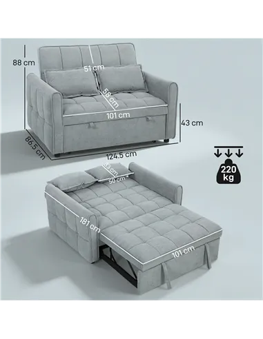 HOMCOM 2 Seater Sofa Bed, 3-in-1 Convertible Sleeper Sofa with Click-clack Adjustable Backrest and 2 Pillows, Grey