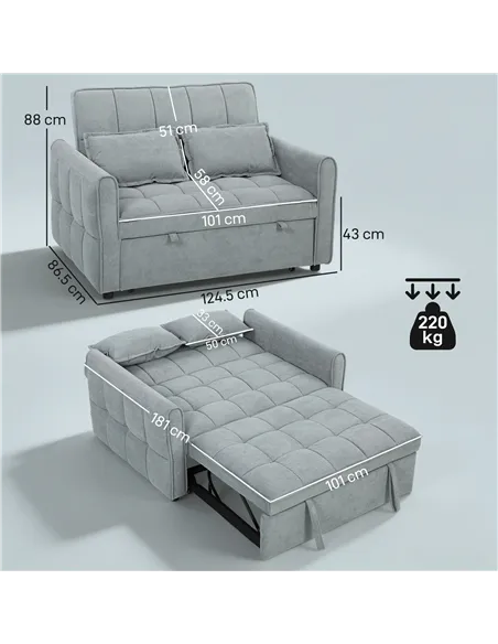 HOMCOM 2 Seater Sofa Bed, 3-in-1 Convertible Sleeper Sofa with Click-clack Adjustable Backrest and 2 Pillows, Grey