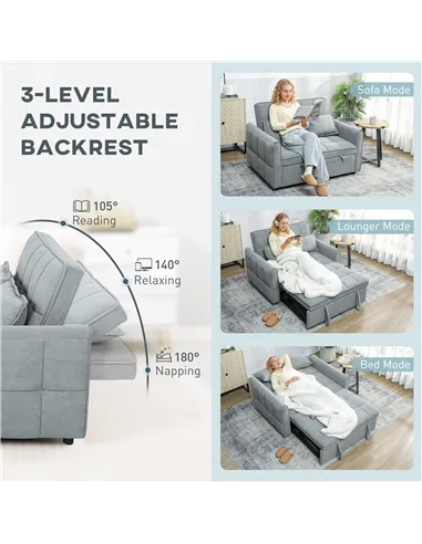 HOMCOM 2 Seater Sofa Bed, 3-in-1 Convertible Sleeper Sofa with Click-clack Adjustable Backrest and 2 Pillows, Grey