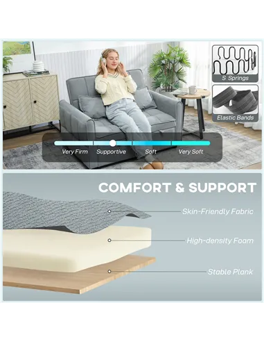HOMCOM 2 Seater Sofa Bed, 3-in-1 Convertible Sleeper Sofa with Click-clack Adjustable Backrest and 2 Pillows, Grey