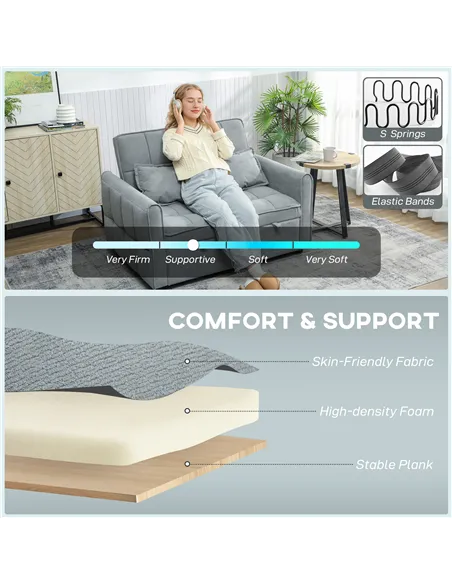 HOMCOM 2 Seater Sofa Bed, 3-in-1 Convertible Sleeper Sofa with Click-clack Adjustable Backrest and 2 Pillows, Grey