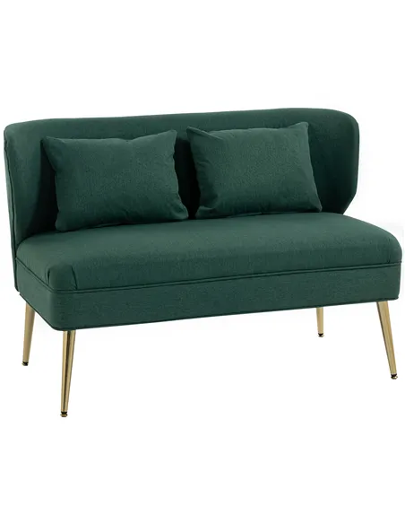 HOMCOM 2 Seater Sofa, Linen-look Fabric Small Sofa with Wing Back, Thick Seat, Metal Legs, Dark Green