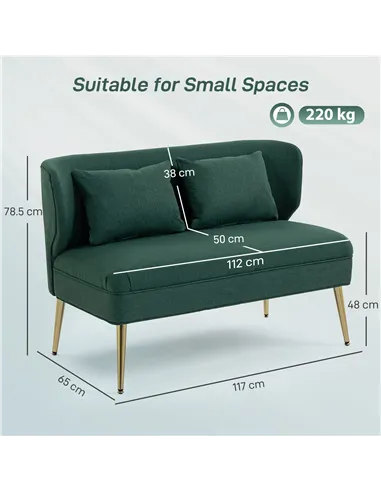 HOMCOM 2 Seater Sofa, Linen-look Fabric Small Sofa with Wing Back, Thick Seat, Metal Legs, Dark Green