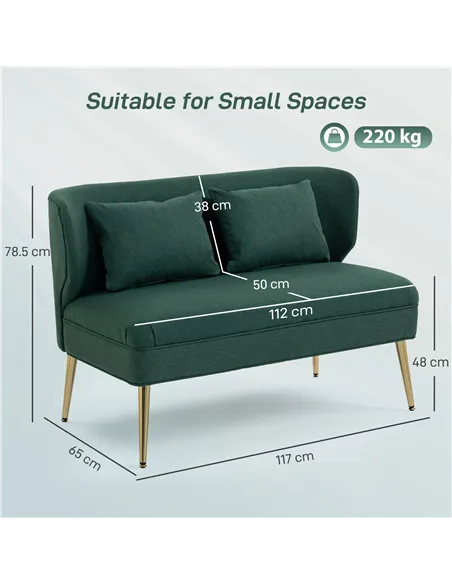 HOMCOM 2 Seater Sofa, Linen-look Fabric Small Sofa with Wing Back, Thick Seat, Metal Legs, Dark Green