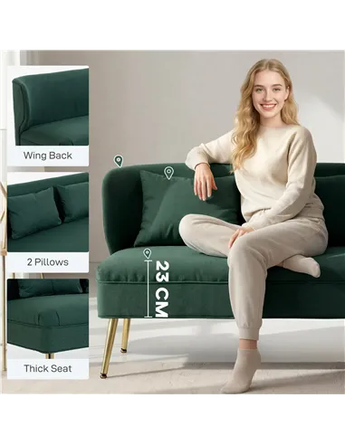 HOMCOM 2 Seater Sofa, Linen-look Fabric Small Sofa with Wing Back, Thick Seat, Metal Legs, Dark Green