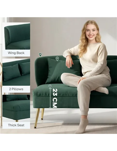 HOMCOM 2 Seater Sofa, Linen-look Fabric Small Sofa with Wing Back, Thick Seat, Metal Legs, Dark Green