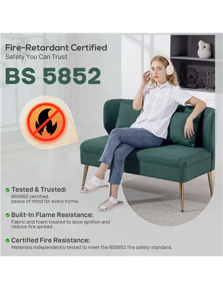 HOMCOM 2 Seater Sofa, Linen-look Fabric Small Sofa with Wing Back, Thick Seat, Metal Legs, Dark Green