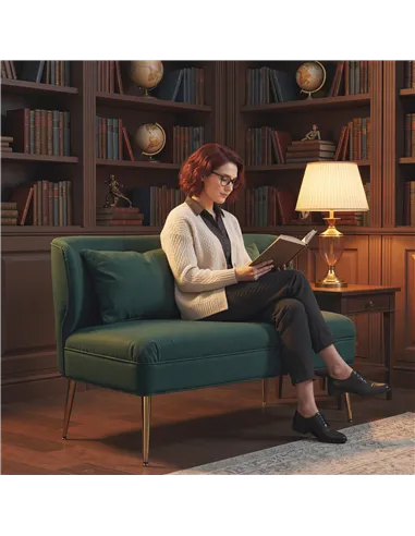 HOMCOM 2 Seater Sofa, Linen-look Fabric Small Sofa with Wing Back, Thick Seat, Metal Legs, Dark Green