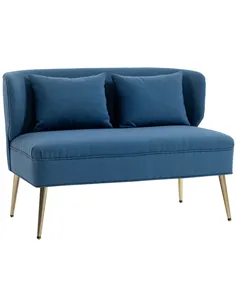 HOMCOM 2 Seater Sofa, Linen-look Fabric Small Sofa with Wing Back, Thick Seat, Metal Legs, Dark Blue