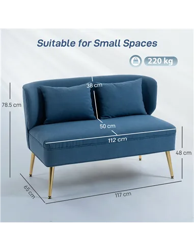 HOMCOM 2 Seater Sofa, Linen-look Fabric Small Sofa with Wing Back, Thick Seat, Metal Legs, Dark Blue