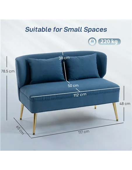 HOMCOM 2 Seater Sofa, Linen-look Fabric Small Sofa with Wing Back, Thick Seat, Metal Legs, Dark Blue