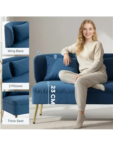 HOMCOM 2 Seater Sofa, Linen-look Fabric Small Sofa with Wing Back, Thick Seat, Metal Legs, Dark Blue