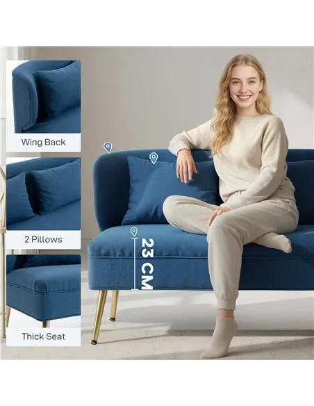 HOMCOM 2 Seater Sofa, Linen-look Fabric Small Sofa with Wing Back, Thick Seat, Metal Legs, Dark Blue